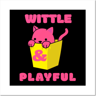 Little Cute Playful Pink Cat Wittle And Playful Playing WAP Kitten in a Yellow Bin Art Posters and Art